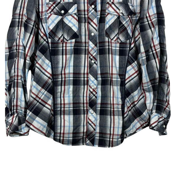 Pearl Snap Shirt Various Artists Blue Red White Plaid L Men Seam Long Sleeve - Picture 6 of 14